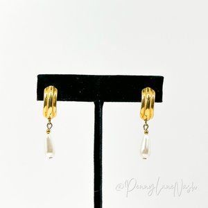 Vintage Golden Huggie with Single Pearl Droplet Earrings